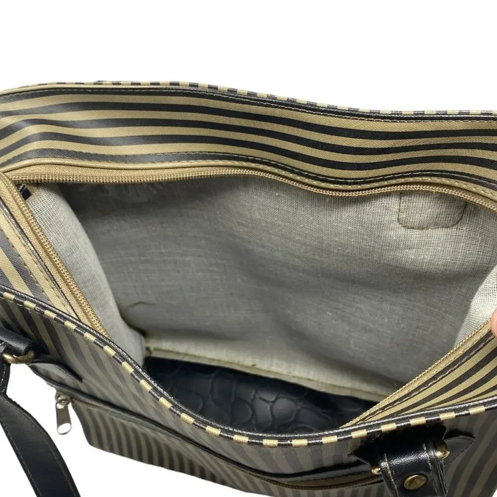 Ladies Large Tote Bag Purse ~ Khaki Green Tan & Black Stripe ~ Shopping HandBag